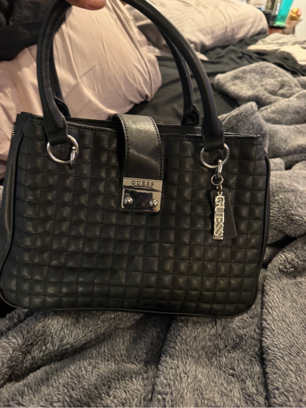 GUESS Black Quilted Top-Handle Satchel with Logo Charm